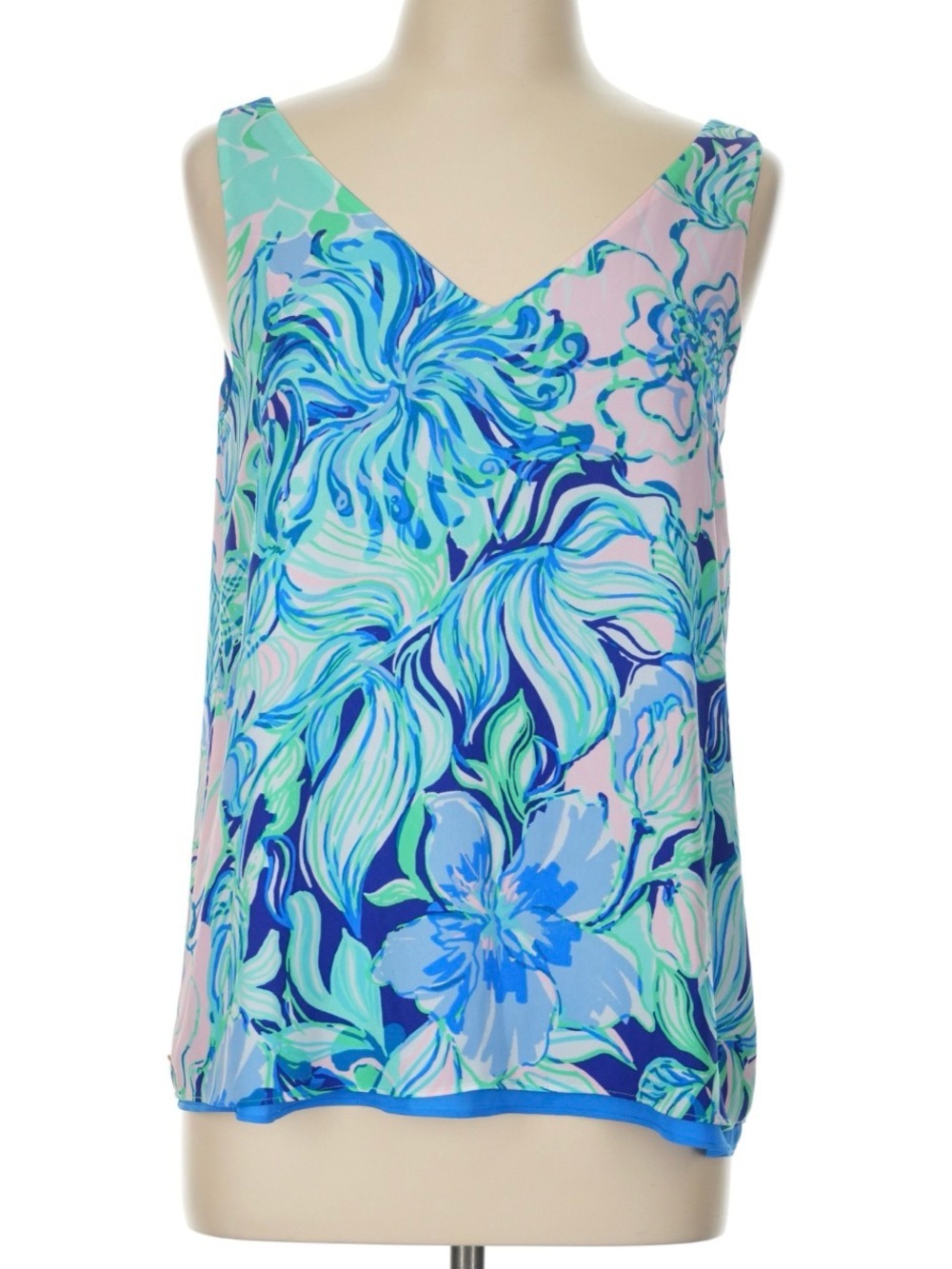 Sleeveless V-Neck Floral Print Tank Top - Blue & Mint